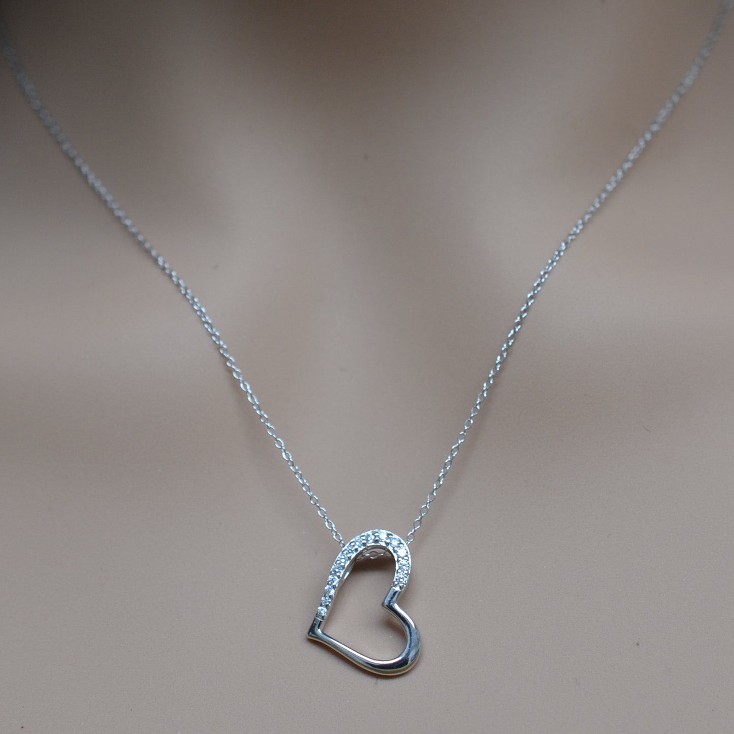 925 Sterling Silver Slanted Hollow Heart Half Studded with CZ Pendant Necklace