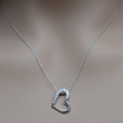 925 Sterling Silver Slanted Hollow Heart Half Studded with CZ Pendant Necklace