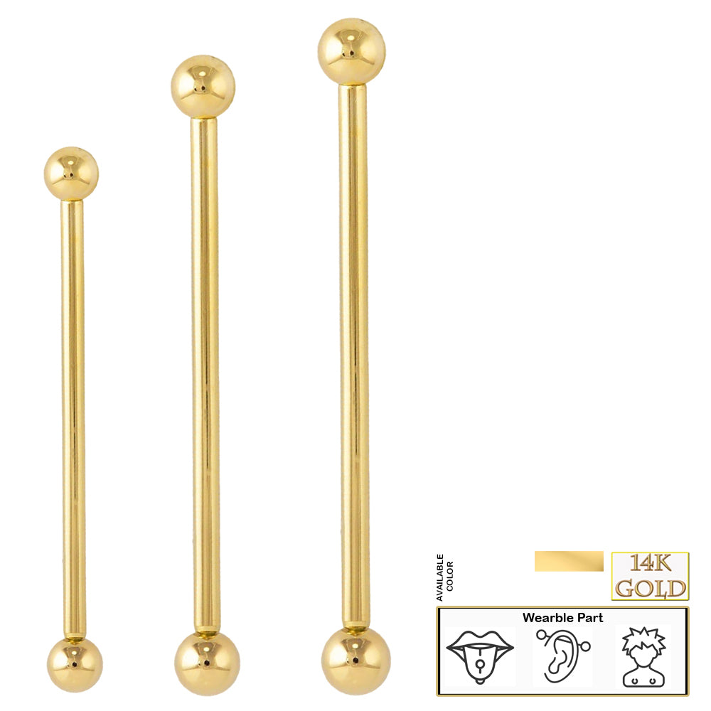 14k Solid Gold 14g Barbell with Plain 5mm Ball Externally Threaded