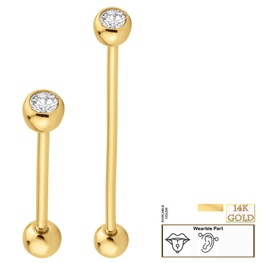 14k Solid Gold Double CZ Gem Barbell