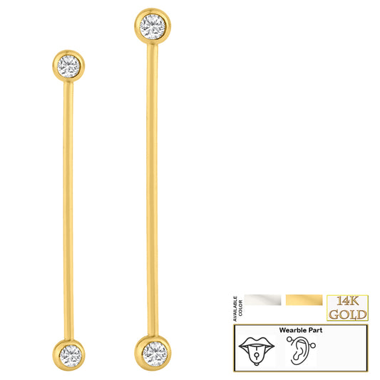 14k Solid Gold Barbell with Double Gem Ball with CZ Externally Threaded