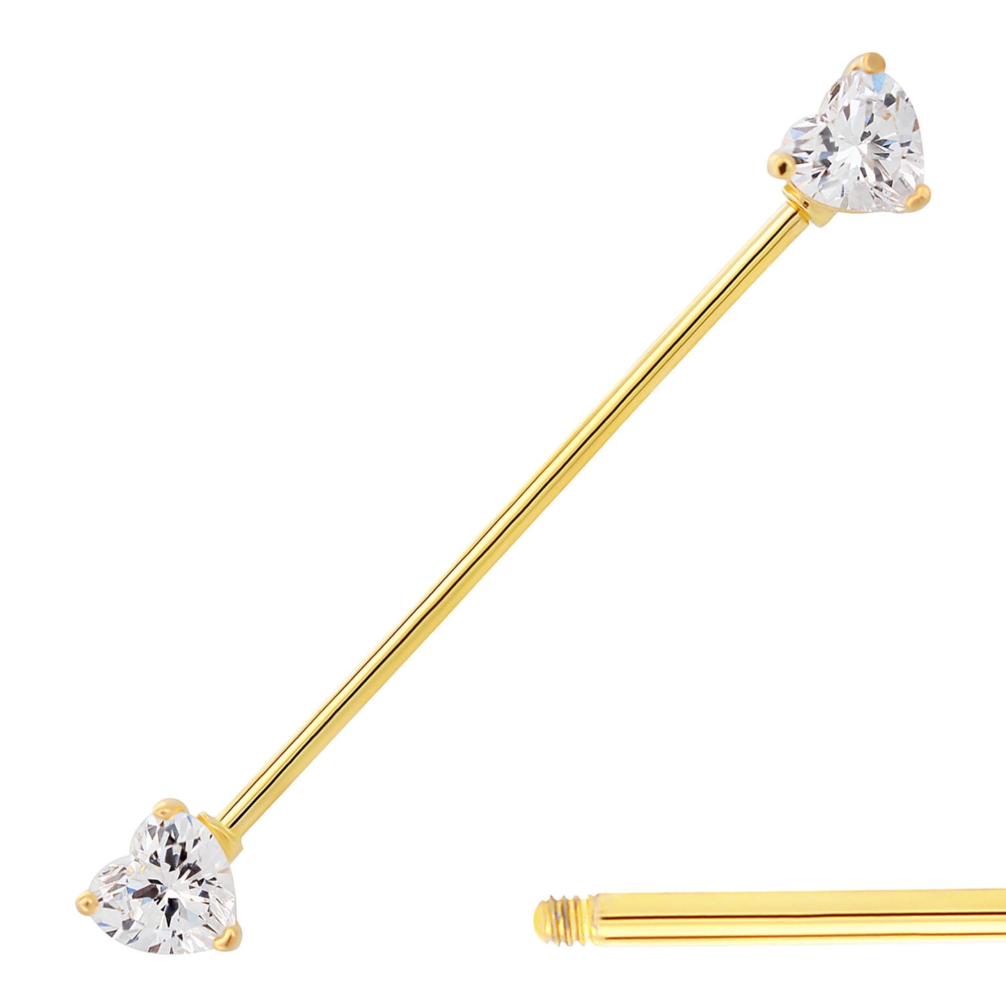 14k Solid Gold Industrial Barbell with Heart Shaped CZ