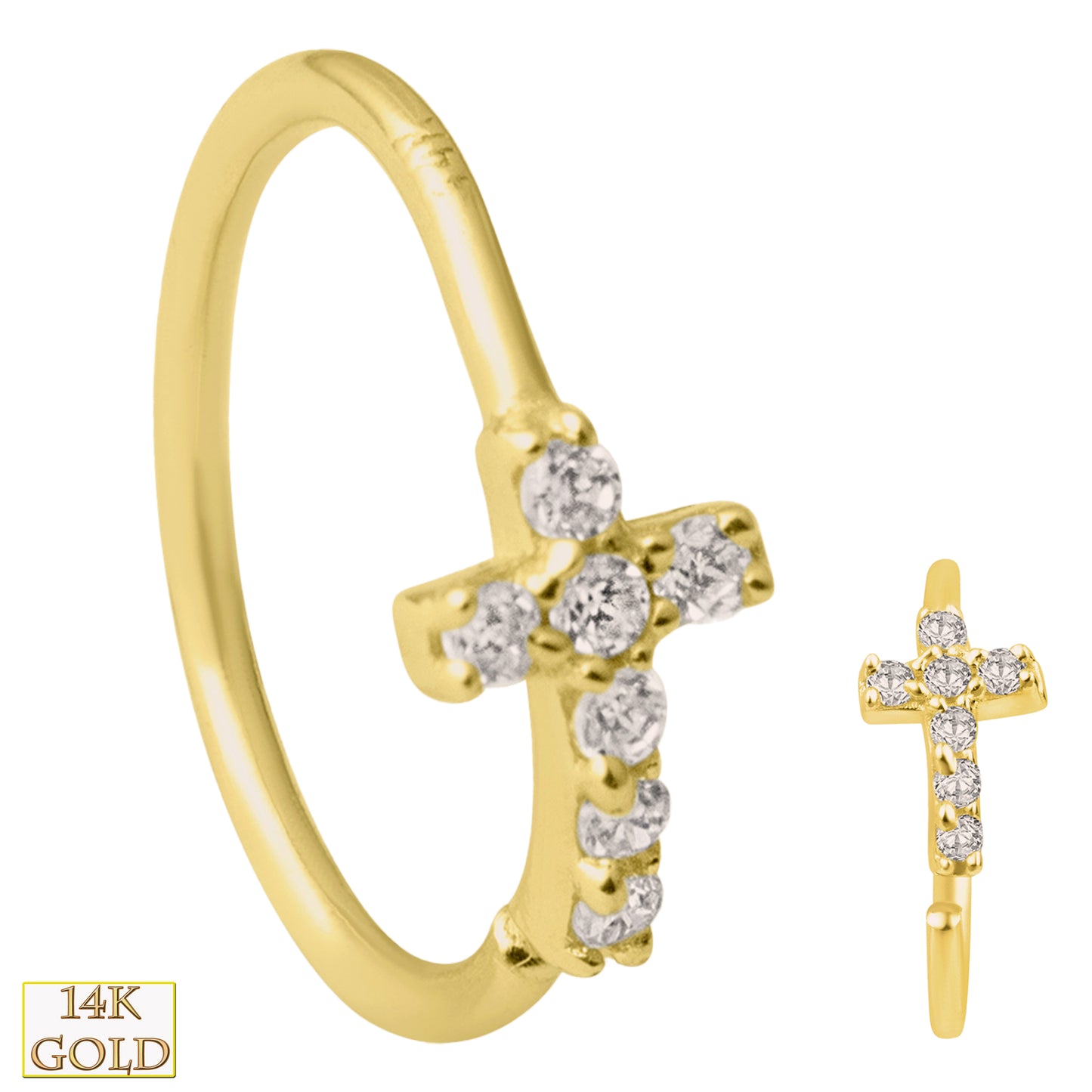 14k Yellow Gold Cross Hoop Piercing Ring with 7 GH/SI1 Natural Diamonds, 22g, Elegant Jewelry, Sexy Jewelz, Los Angeles