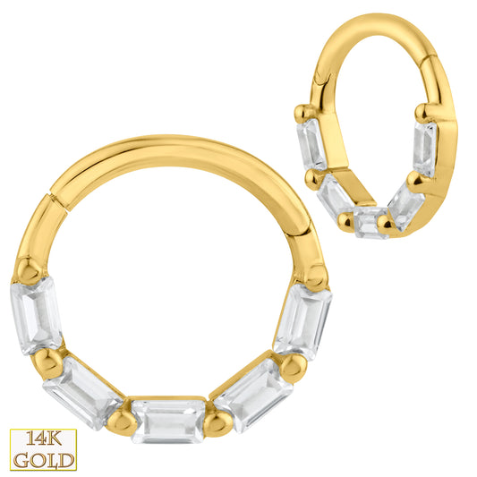 14k Solid Gold Hinged Hoop Earrings, Baguette CZ Huggie Hoops, Yellow Gold Earrings, CZ Jewelry, Gift for Her, Sexy Jewelz, Los Angeles