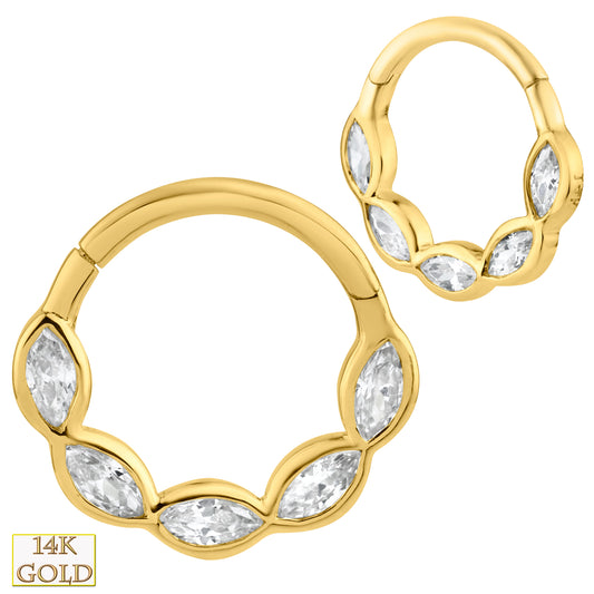 14k Yellow Gold Marquise Cubic Zirconia Hoop Earrings, Bezel Setting, Hinged Hoops, Gift for Her, Sexy Jewelz, Los Angeles