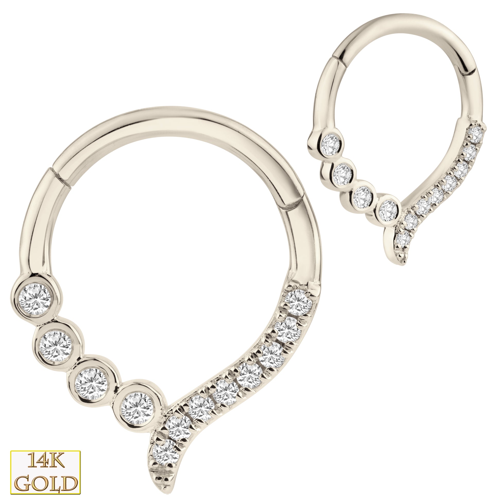 14K White Gold Multi Zircon Hoop Earrings, Bezel Prong Setting, Hinged Closure, Elegant Jewelry, Sexy Jewelz, Los Angeles