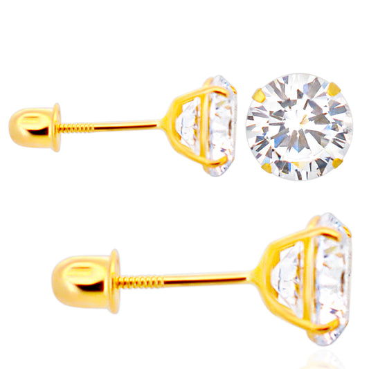 14k Gold Screw Backing Stud Earrings with Round Cubic Zirconia