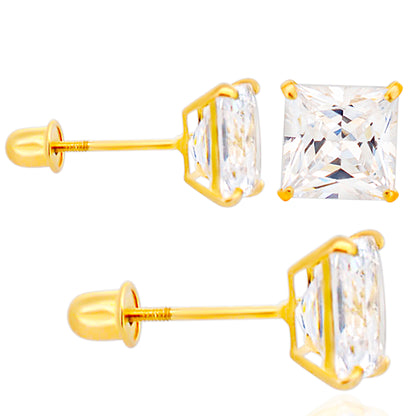 14K Gold Screw Back Stud Earring with Square Cubic Zirconia