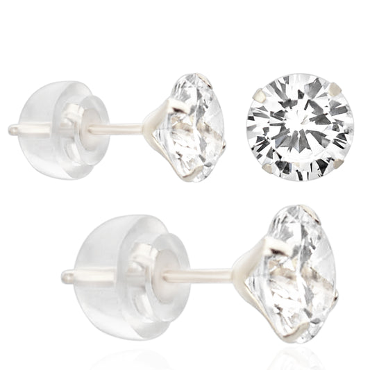 14k Gold Silicone Backing Stud Earrings with Stamping Set Round Cubic Zirconia