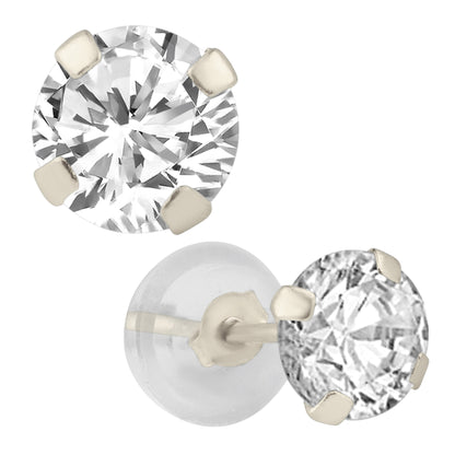 14k Gold Silicone Backing Stud Earrings with Stamping Set Round Cubic Zirconia