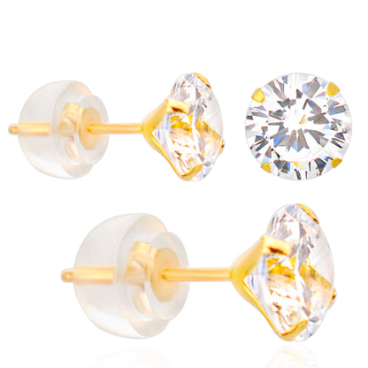 14k Gold Silicone Backing Stud Earrings with Stamping Set Round Cubic Zirconia