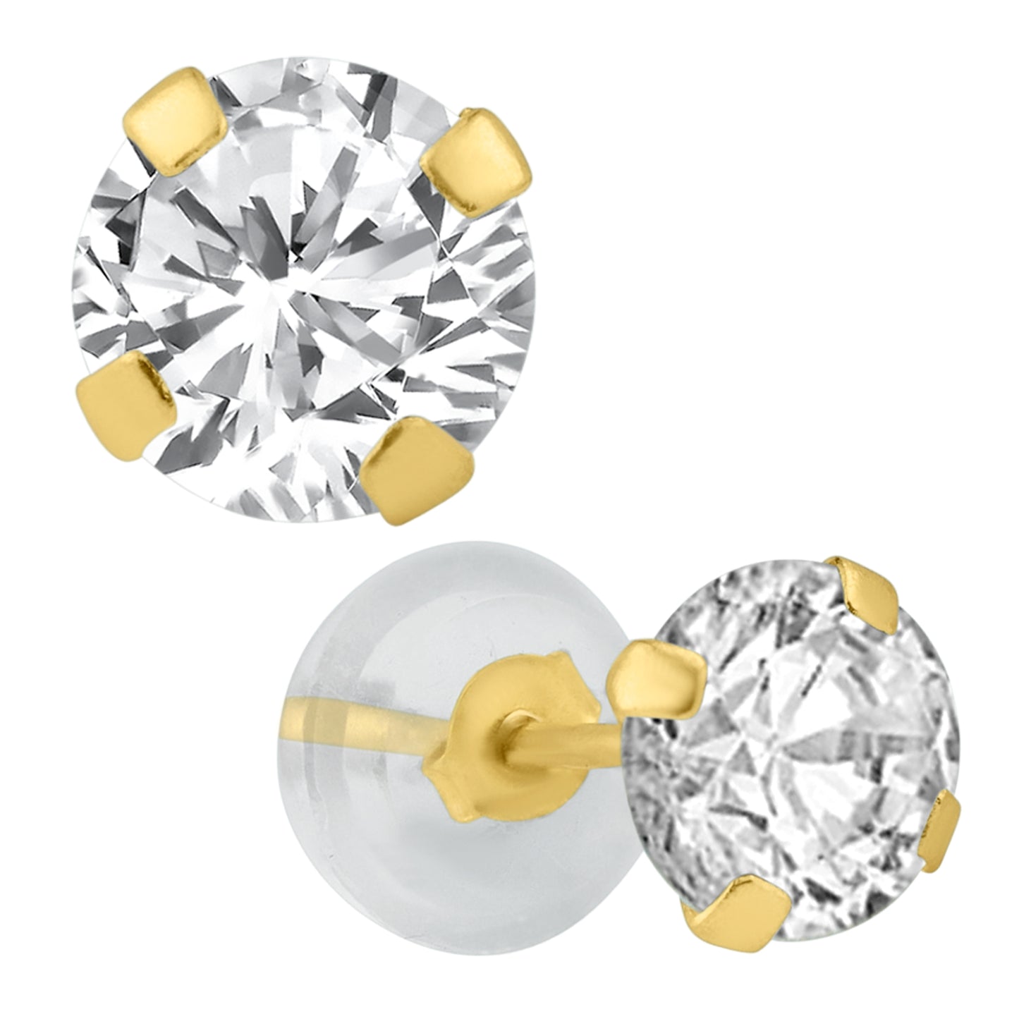 14k Gold Silicone Backing Stud Earrings with Stamping Set Round Cubic Zirconia