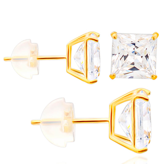 14k Gold Silicone Backing Stud Earrings with Square Cubic Zirconia