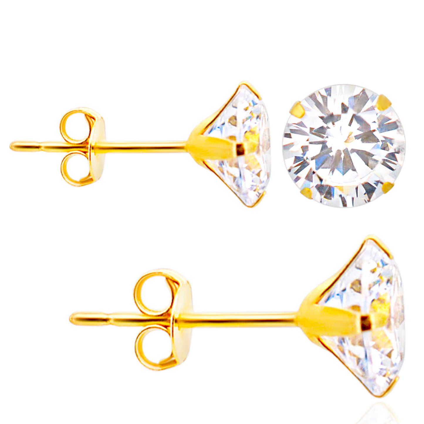 14k Gold Push Backing Stud Earrings with Round Cubic Zirconia