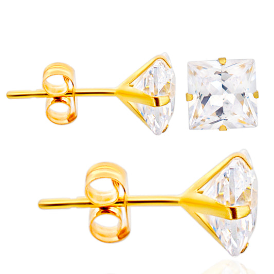 14k Gold Push Backing Stud Earrings with Square Cubic Zirconia