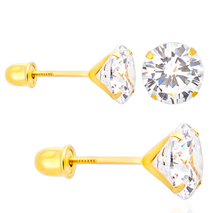 14k Gold Screw Backing Stud Earrings with Stamping Set Round Cubic Zirconia