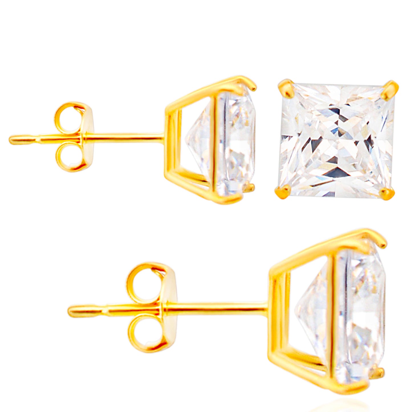 14K Solid Gold Push Back Stud Earring with Square Cubic Zirconia