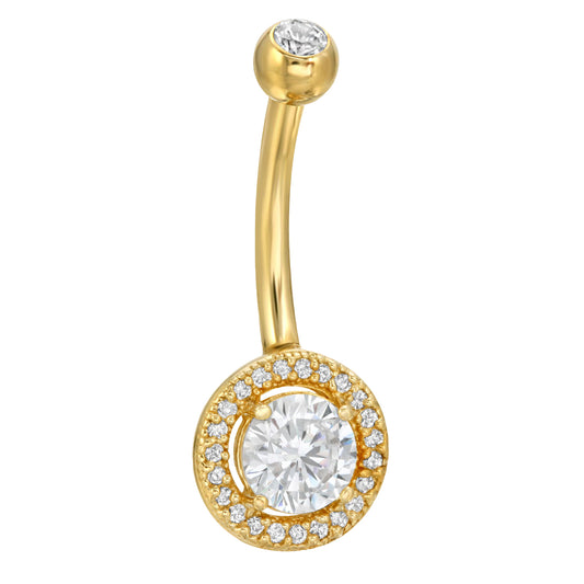 14k Solid Gold Banana Belly Ring with Round CZ Design