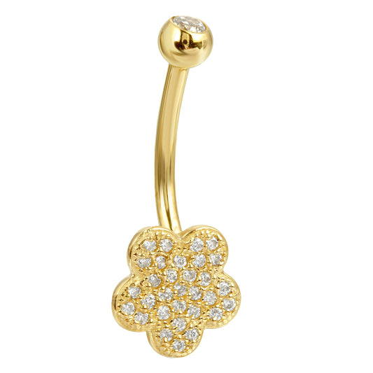 14k Solid Gold Banana Belly Ring with 9mm Flower Design