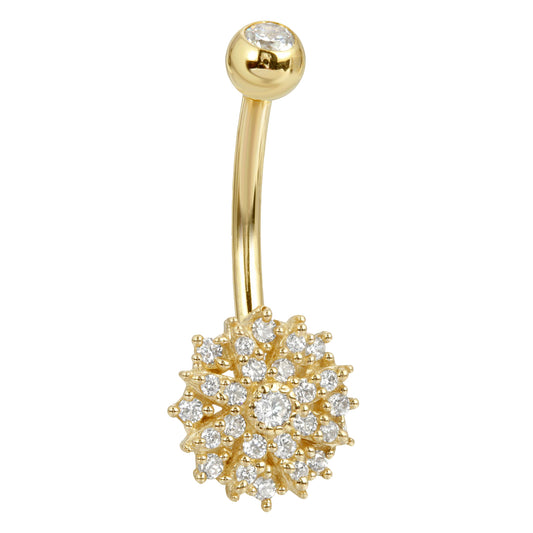 14k Solid Gold Banana Belly Ring with 10mm Flower Design