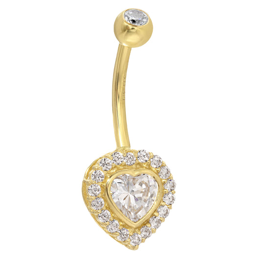 14k Solid Gold Heart Shaped CZ with Multi CZ Around Belly Ring