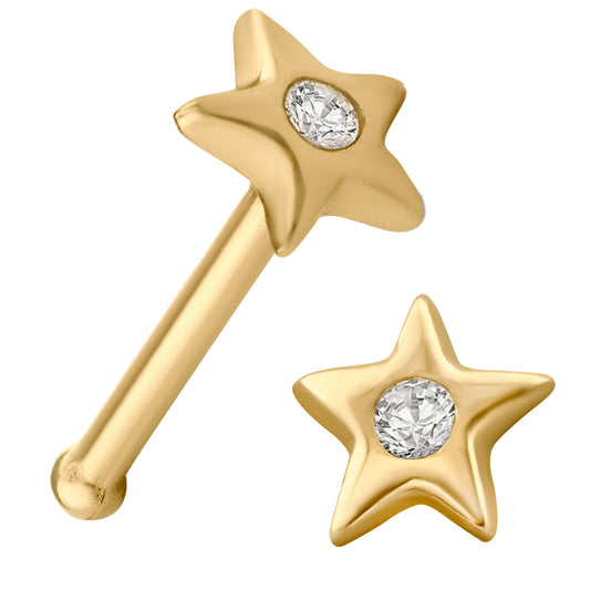 14k Solid Gold Star Nose Bone with CZ, 7mm Length Bar, 22g Thickness, Luxury Accessory, Sexy Jewelz, Los Angeles