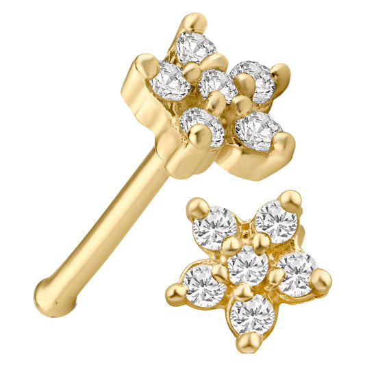 14k Gold Star Flower CZ Nose Bone, L-Shape Bar, 7mm Length, 22g Thickness, Sexy Jewelz, Los Angeles