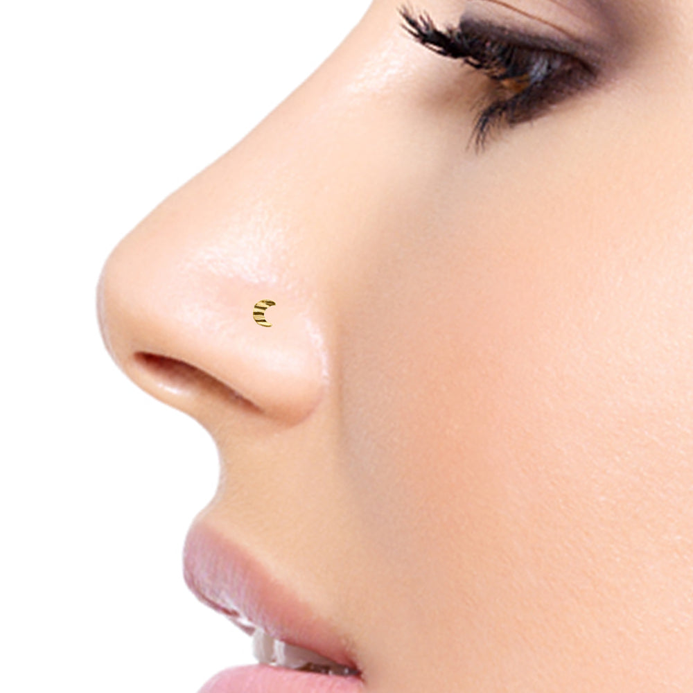 14k Solid Gold Nose Bone, Crescent Moon Design, Wavy Surface, 22g Thickness, 7mm Length, Sexy Jewelz, Los Angeles