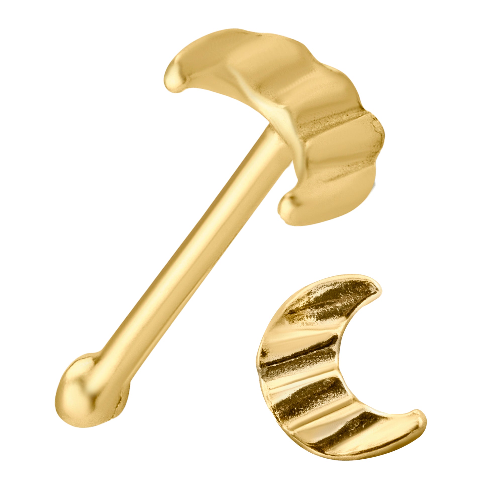 14k Solid Gold Nose Bone, Crescent Moon Design, Wavy Surface, 22g Thickness, 7mm Length, Sexy Jewelz, Los Angeles