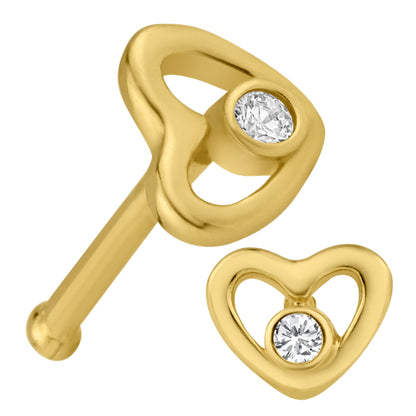 14k Solid Gold Nose Bone CZ Heart Design, Plain Hollow Bar, 7mm Length, 22g Thickness, Sexy Jewelz, Los Angeles