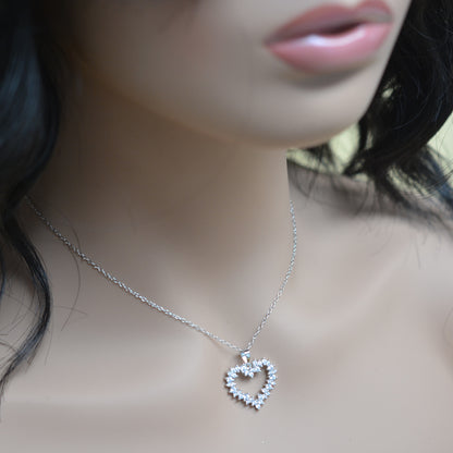 925 Sterling Silver Hollow Heart with Single Multi CZ Pendant Necklace