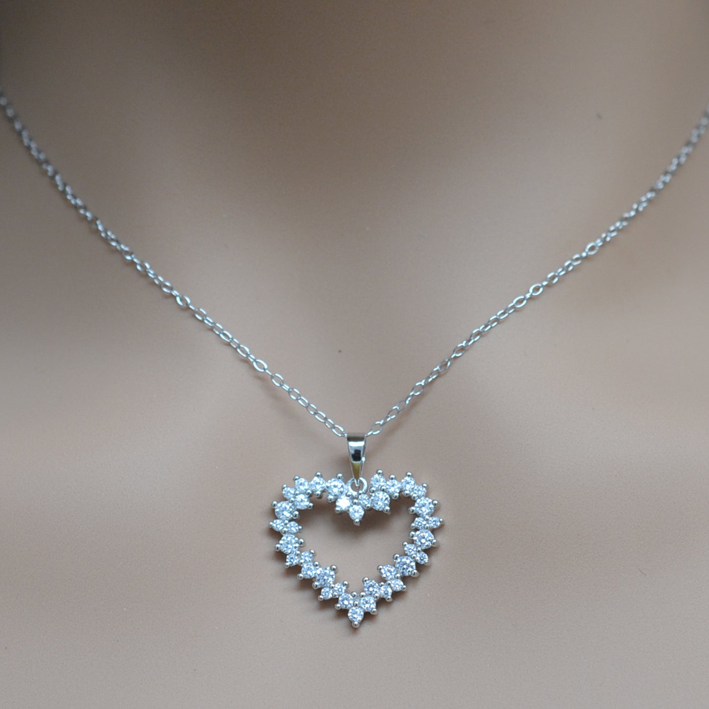 925 Sterling Silver Hollow Heart with Single Multi CZ Pendant Necklace