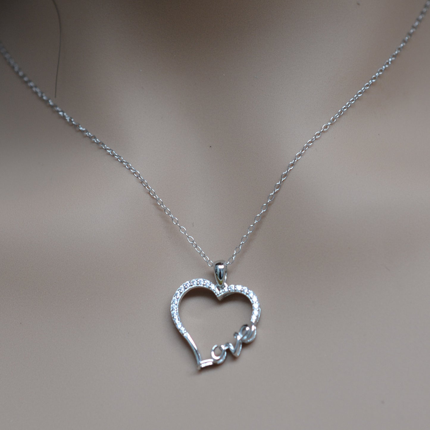 925 Sterling Silver CZ Studded Hollow Heart with LOVE word Pendant Necklace