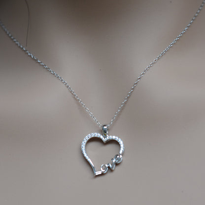 925 Sterling Silver CZ Studded Hollow Heart with LOVE word Pendant Necklace