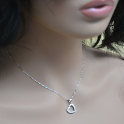 925 Sterling Silver Hanging Hollow Heart Studded with CZ Pendant Necklace