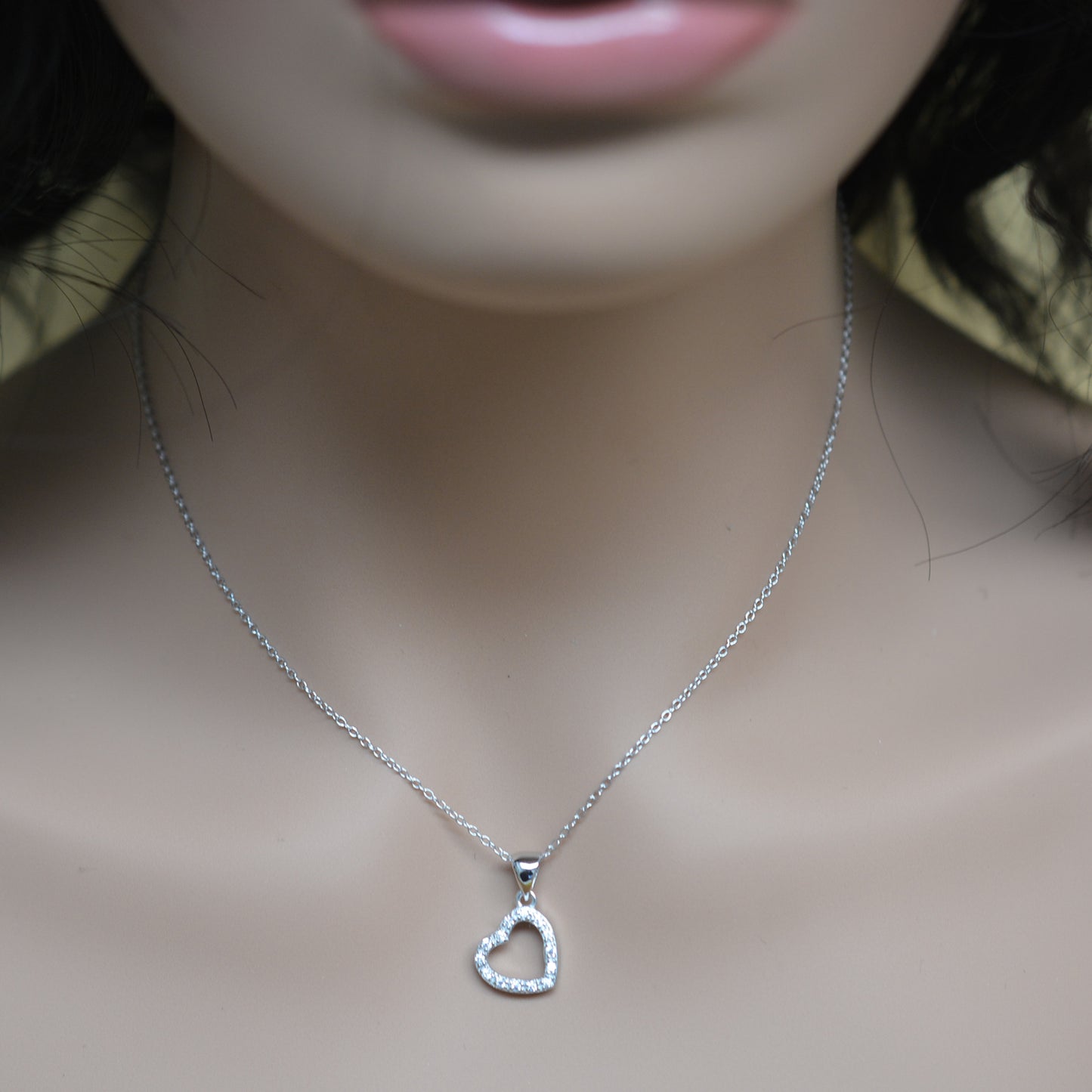 925 Sterling Silver Hanging Hollow Heart Studded with CZ Pendant Necklace