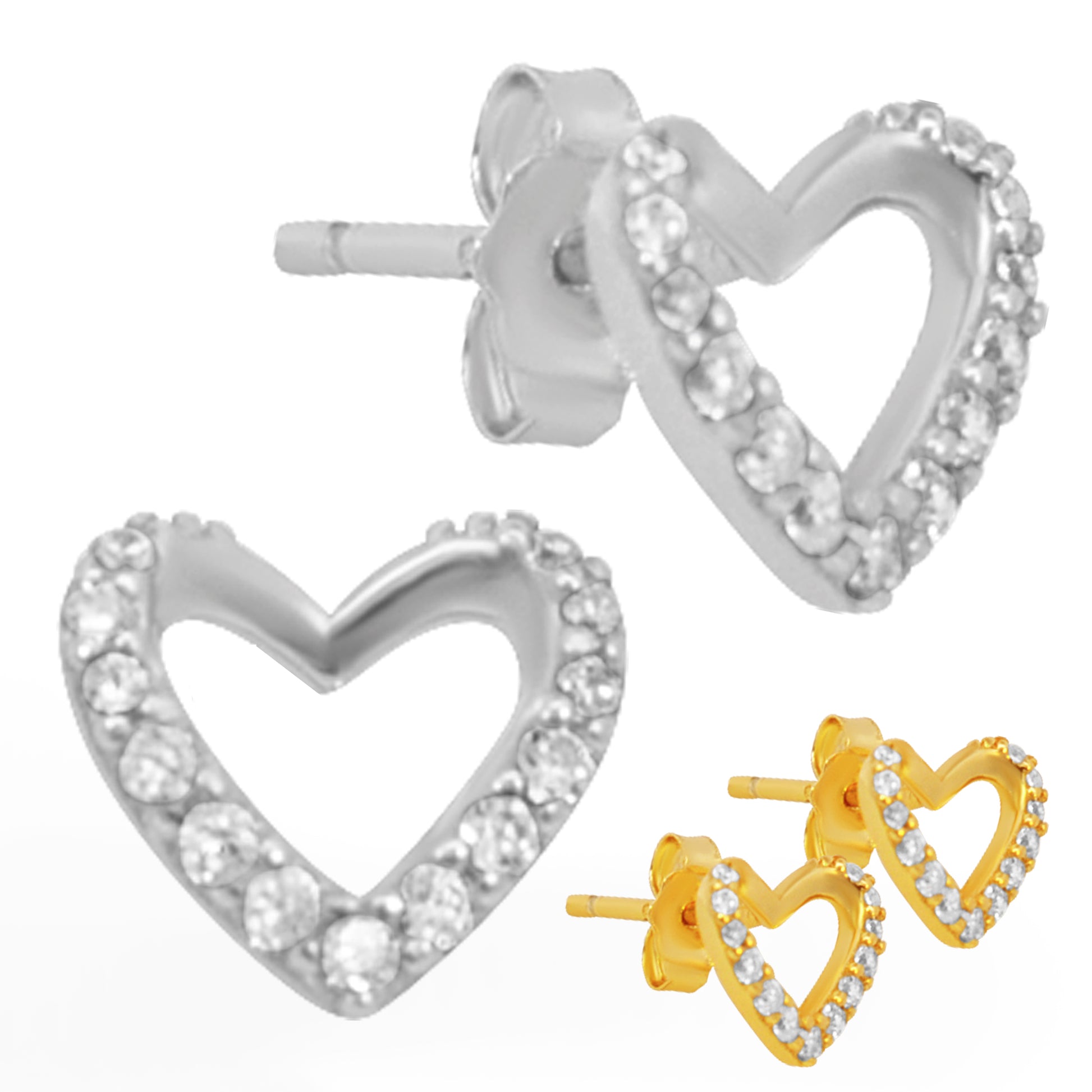 Hollow Heart CZ Earrings 925 Sterling Silver, Studs, Cubic Zirconia, Push Backing, Elegant Jewelry