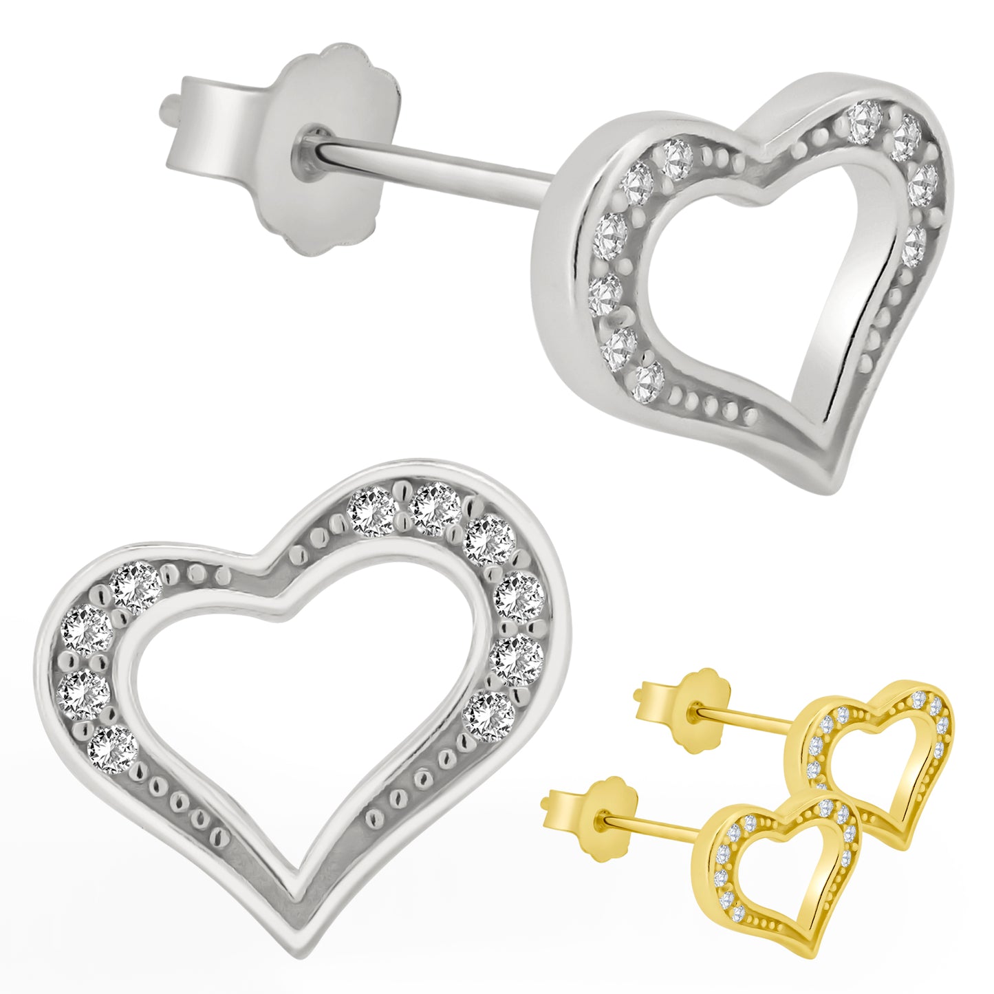 Hollow Heart Stud Earrings, 925 Sterling Silver, Cubic Zirconia, Push Backing, Dazzling Jewelry