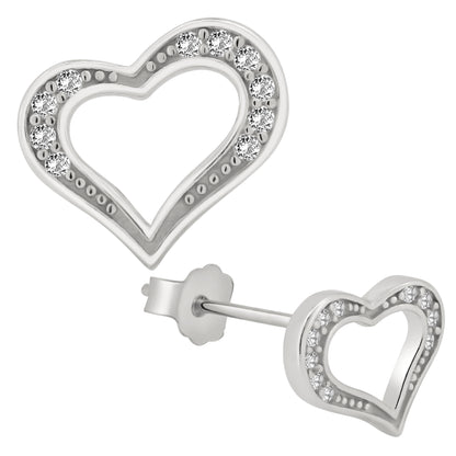 Hollow Heart Stud Earrings, 925 Sterling Silver, Cubic Zirconia, Push Backing, Dazzling Jewelry