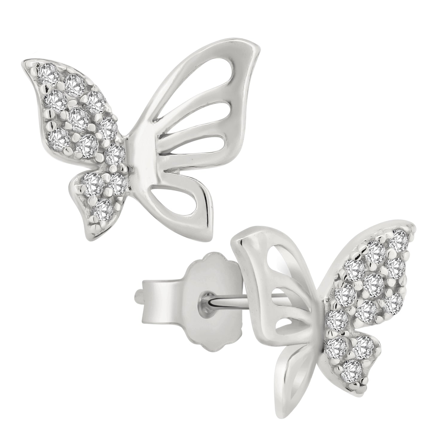 Delicate Butterfly CZ Stud Earrings, Sterling Silver, Hollow Design, Push Backing, Sparkly Cubic Zirconia