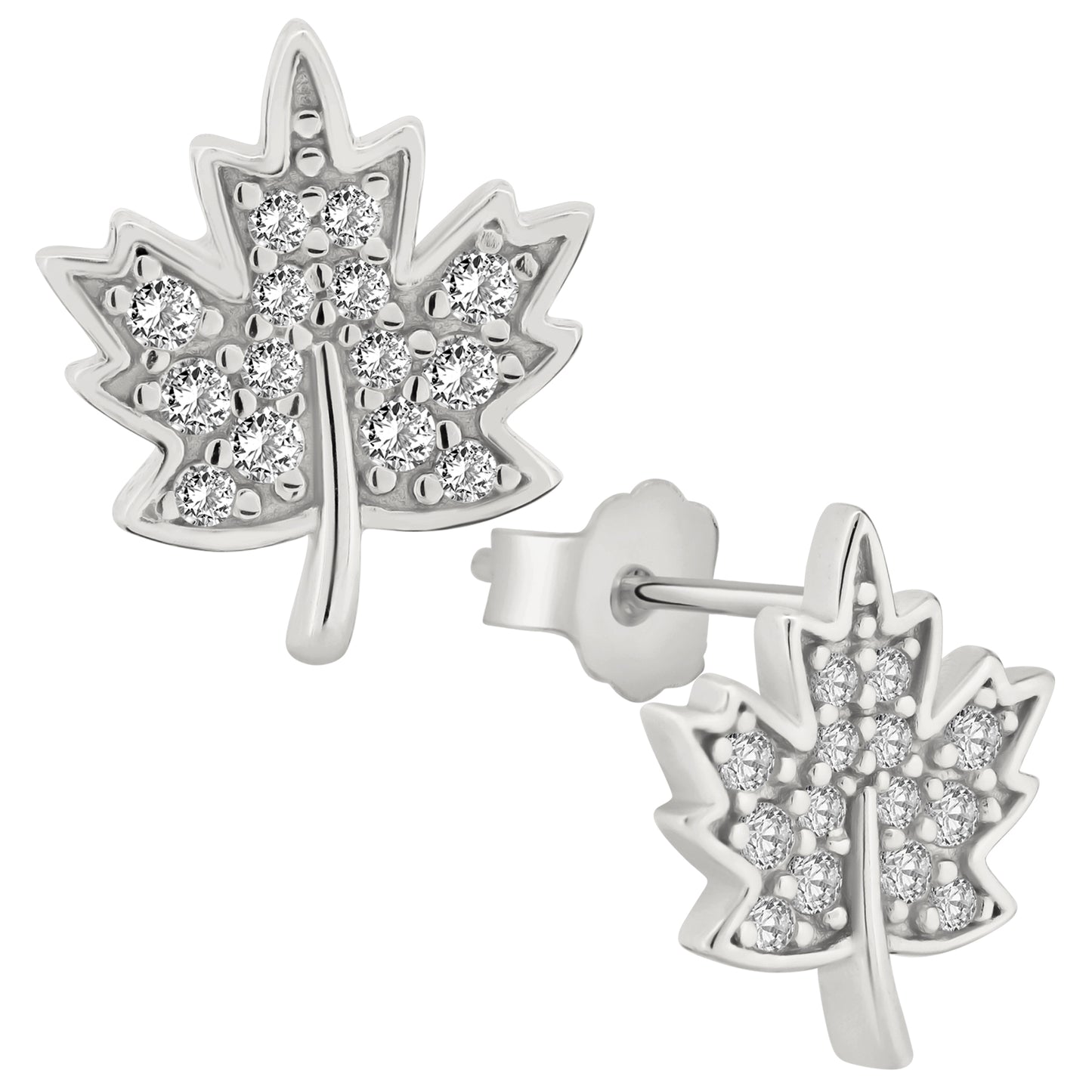 Cubic Zirconia Leaf Stud Earrings, 925 Sterling Silver, Autumn Jewelry, Push Backing