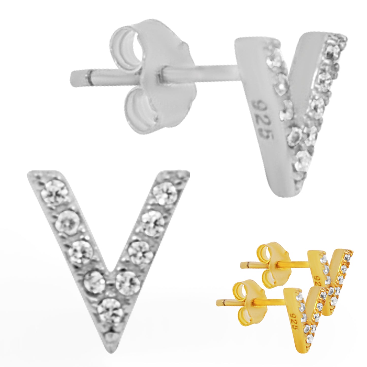 925 Sterling Silver Letter V Design with Cubic Zirconia Earrings Stud Push Backing