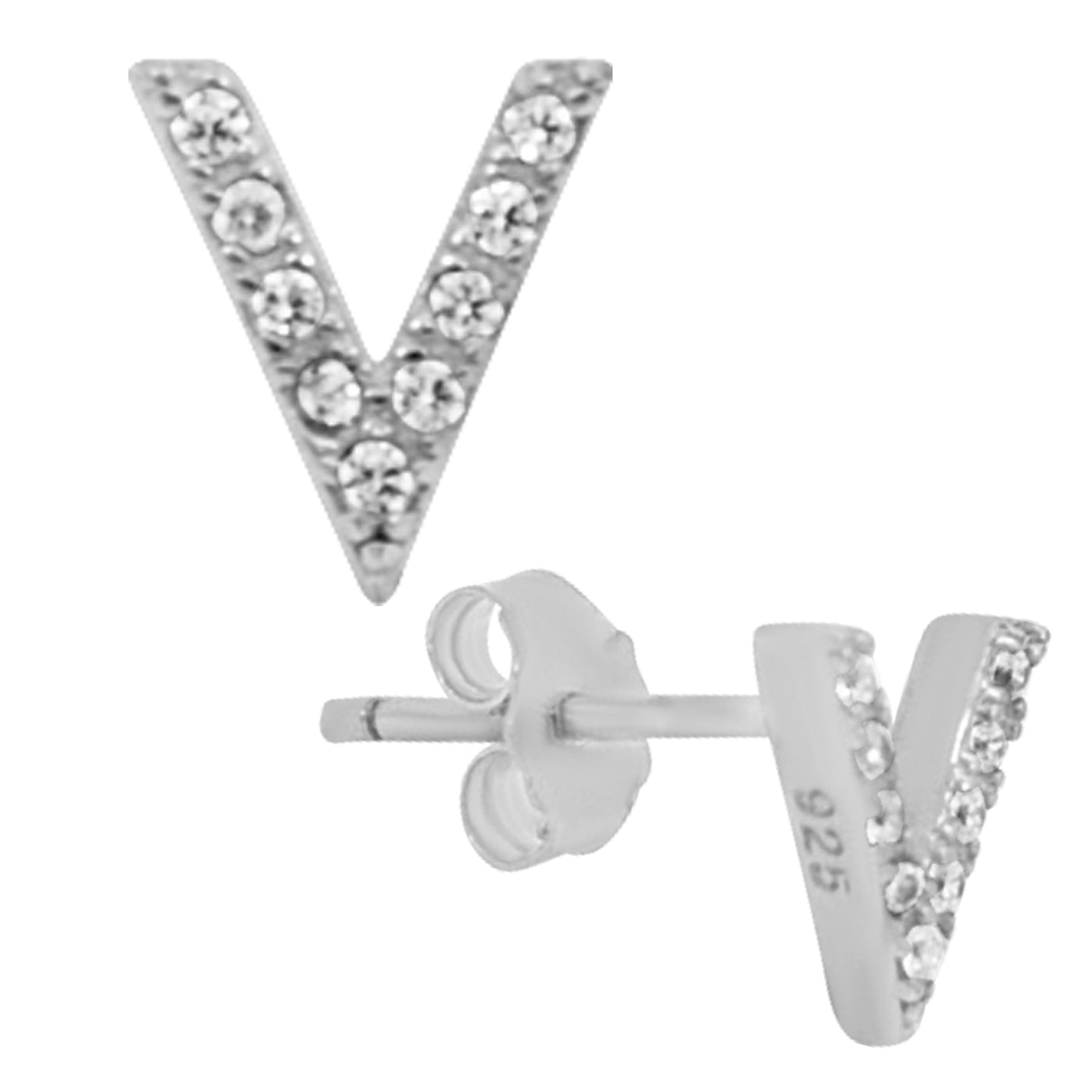 925 Sterling Silver Letter V Design with Cubic Zirconia Earrings Stud Push Backing