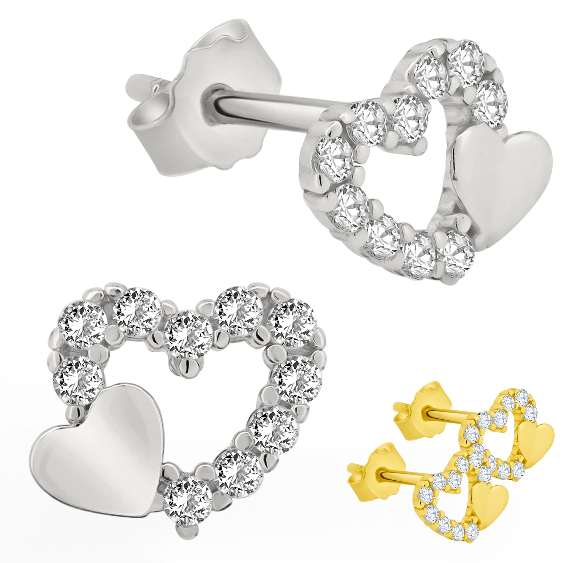 Double Heart CZ Earrings, Sterling Silver Studs, Cubic Zirconia, Push Backings