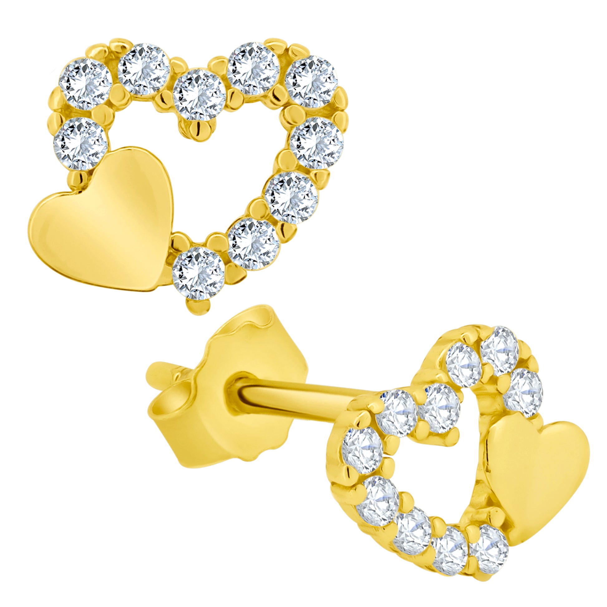 Double Heart CZ Earrings, Sterling Silver Studs, Cubic Zirconia, Push Backings