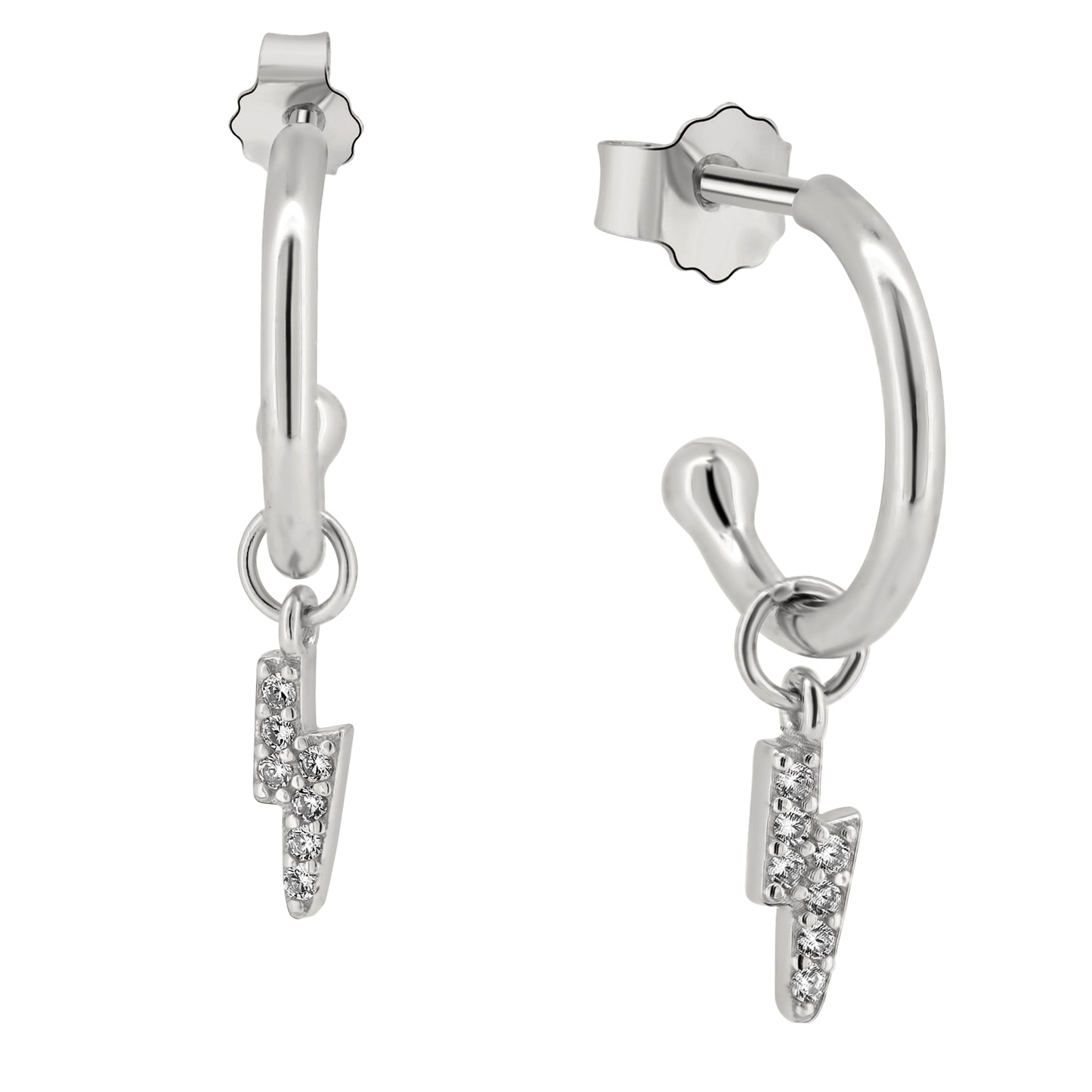 Lightning Bolt CZ Stud Earrings, Sterling Silver Half Hoop Design, Dangling Style, Push Back Clasp