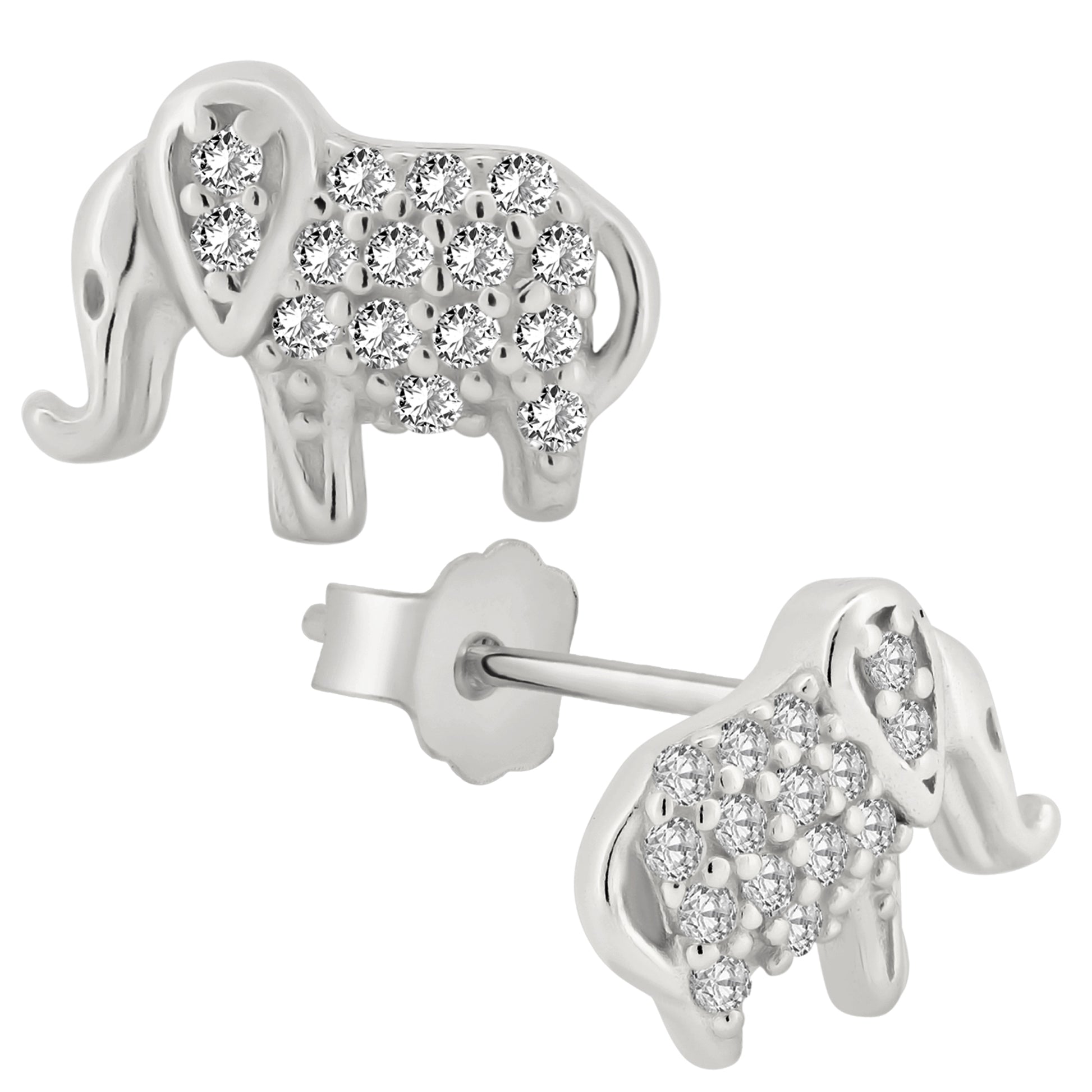 Elephant CZ Stud Earrings, Sterling Silver Elephant Jewelry, Cubic Zirconia Studs, Push Back Earrings