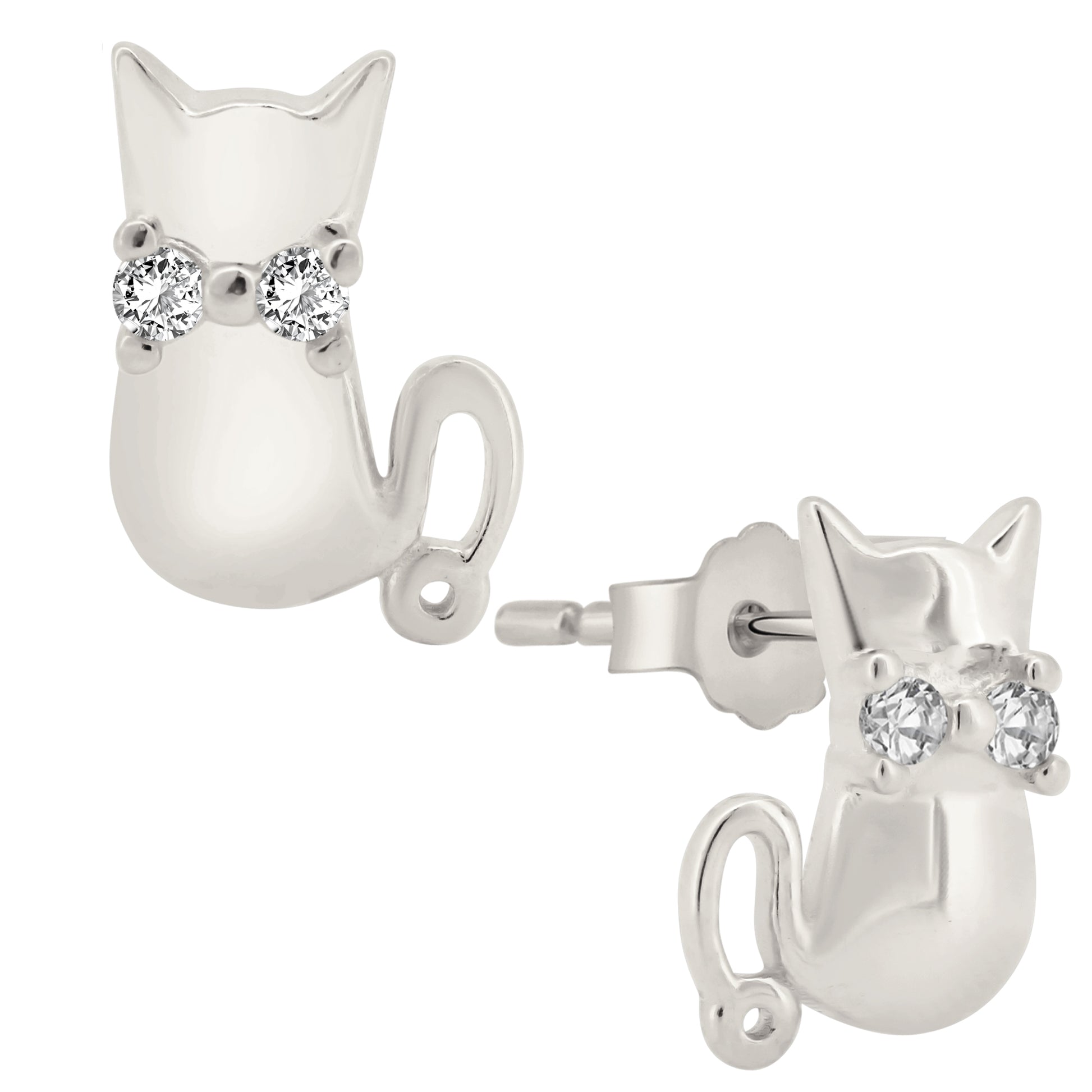 925 Sterling Silver Cat Earrings, CZ Studs, Push Backs, Animal Jewelry, Cat Lover Gift