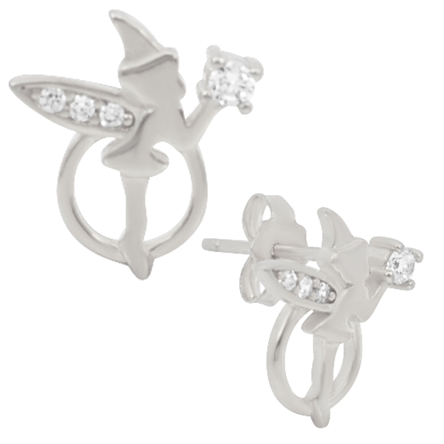 Fairy Design Silver CZ Earrings, Sterling Silver Studs, Push Backs, Dainty Fairy Jewelry