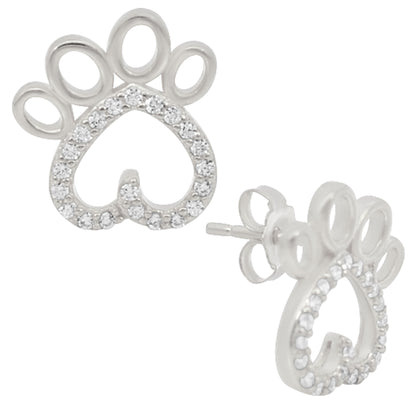 Paw Print Heart CZ Earrings, Sterling Silver Studs, Cubic Zirconia, Push Backing, Animal Lover Gift